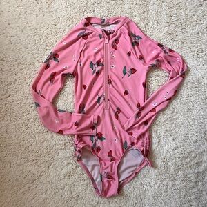 Old Navy Girls Pink Strawberry Print Long Sleeve Swimsuit Sz 5